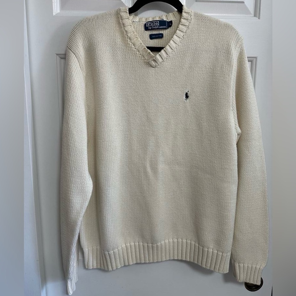 Ralph Lauren Cream V-Neck Sweater Timeless Knit